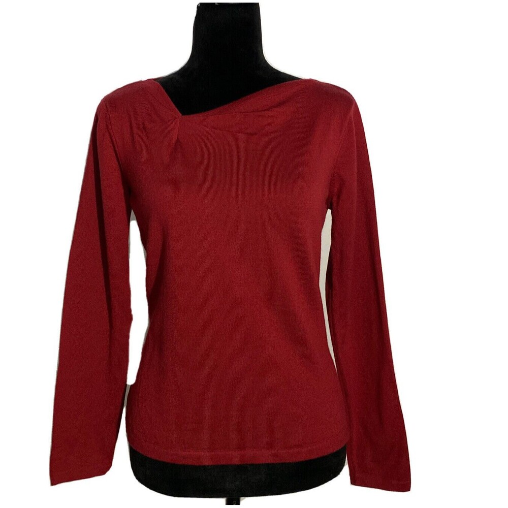 Talbots‎ S Sweater Top Dark Red Brick 100% Wool Long Sl Asymmetric Pleat Neck LN